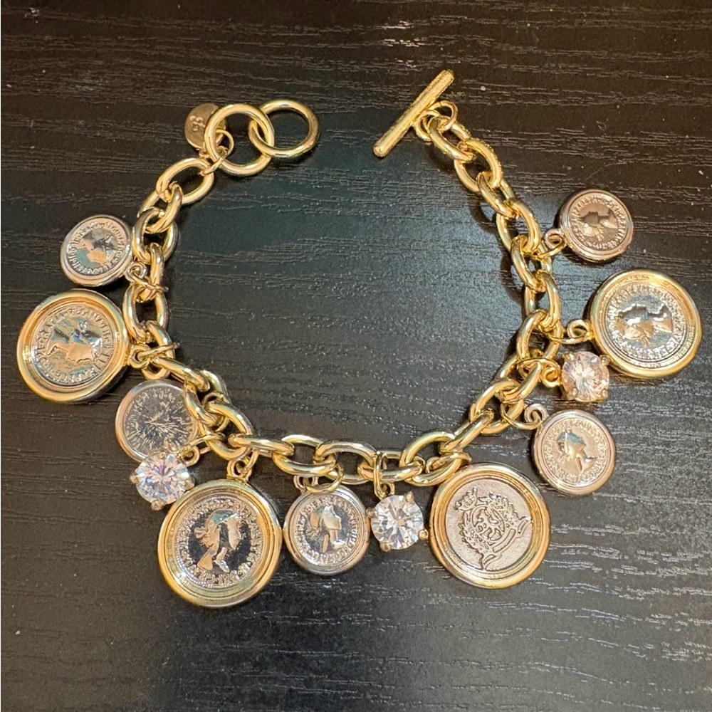 Joan Boyce bracelet gold and silver tone toggle style coin and rhinstone 7.5-8”